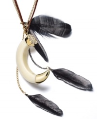 The trend is all about safari this season and Bar III's multi-charm style sets the look off with an ivory enamel horn and wispy black feathers. Crafted in gold tone mixed metal. Approximate length: 31 inches + 3-inch extender. Approximate drop: 7-1/2 inches. The trend is all about safari this season and Bar III's multi-charm style sets the look off with an ivory enamel horn and wispy black feathers. Crafted in gold tone mixed metal. Approximate length: 31 inches + 3-inch extender. Approximate drop: 7-1/2 inches.