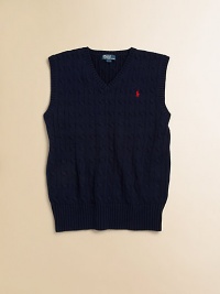 The essential sweater vest is a handsome layer rendered in durable cable-knit cotton.V-neckSleevelessPullover styleRibbed V-neck, armholes and hemCottonMachine washImported The essential sweater vest is a handsome layer rendered in durable cable-knit cotton.V-neckSleevelessPullover styleRibbed V-neck, armholes and hemCottonMachine washImported