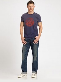 A low-rise classic is cut with straight legs and a comfortable fit in well-worn, ripped and faded denim.Zip flyFive-pocket styleInseam, about 34CottonMachine washMade in USA A low-rise classic is cut with straight legs and a comfortable fit in well-worn, ripped and faded denim.Zip flyFive-pocket styleInseam, about 34CottonMachine washMade in USA