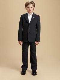 When it's time for your young man to dress up, start him out in elegant, understated Armani pinstripes on fine, light stretch wool. Jacket:Notched collar and lapels with eagle lapel pinThree-button frontButton detail at cuffsWelt chest pocketBesom front pocketsDouble back vents Pants:Button waist with belt loopsZip flySide slash pockets95% wool/5% elastaneDry cleanMade in Italy When it's time for your young man to dress up, start him out in elegant, understated Armani pinstripes on fine, light stretch wool. Jacket:Notched collar and lapels with eagle lapel pinThree-button frontButton detail at cuffsWelt chest pocketBesom front pocketsDouble back vents Pants:Button waist with belt loopsZip flySide slash pockets95% wool/5% elastaneDry cleanMade in Italy
