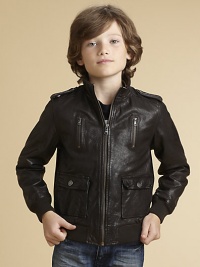 Luxe, supple leather, tailored in a classic, distressed bomber silhouette with plenty of pockets.Ribbed stand collarLong sleeves with ribbed cuffsFront zipFront snap flap pocketsAngled hand pocketsRibbed hemBuffalo leatherDry cleanImported Luxe, supple leather, tailored in a classic, distressed bomber silhouette with plenty of pockets.Ribbed stand collarLong sleeves with ribbed cuffsFront zipFront snap flap pocketsAngled hand pocketsRibbed hemBuffalo leatherDry cleanImported