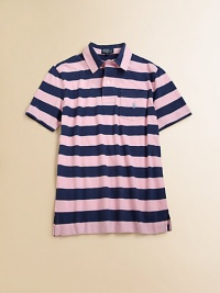 A classic polo rendered in striped knit cotton for a preppy look.Point collarShort sleevesFront button placketPatch pocketUneven vented hemCottonMachine washImported Please note: Number of buttons may vary depending on size ordered. A classic polo rendered in striped knit cotton for a preppy look.Point collarShort sleevesFront button placketPatch pocketUneven vented hemCottonMachine washImported Please note: Number of buttons may vary depending on size ordered.