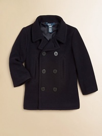 The essential peacoat in luxuriously soft wool is classically rendered for a timeless appeal.Notch collarLong sleevesDouble-breasted button-frontFront slash pocketsSingle back ventWoolDry cleanImported Please note: Number of buttons may vary depending on size ordered. The essential peacoat in luxuriously soft wool is classically rendered for a timeless appeal.Notch collarLong sleevesDouble-breasted button-frontFront slash pocketsSingle back ventWoolDry cleanImported Please note: Number of buttons may vary depending on size ordered.