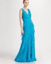 Vibrant silk chiffon, finished with delicate tiers and a flattering surplice neckline.Surplice necklineSleevelessRuched bodice and waistbandRuffled skirt tiersV back with concealed zipFully linedAbout 43 from natural waistSilkDry cleanImportedModel shown is 5'10 (177cm) wearing US size 4. 