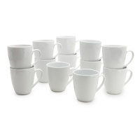 Set of 12 clean, white mugs - perfect for catering, large groups or everyday, easy use! Comes in a great cardboard box with handles for storage or transporting. Dishwasher and microwave safe. Set of 12 clean, white mugs - perfect for catering, large groups or everyday, easy use! Comes in a great cardboard box with handles for storage or transporting. Dishwasher and microwave safe.