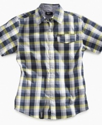 Dare to wear plaid. Crank his casual style up a notch with this button-down shirt from LRG. Dare to wear plaid. Crank his casual style up a notch with this button-down shirt from LRG.