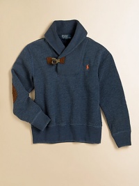 A soft fleece pullover is accented with suede elbow patches and a wooden toggle at the shawl collar for a timeless look.Ribbed shawl collarLong sleeves with suede elbow patchesSingle toggle closure87% cotton/13% polyesterMachine washImported A soft fleece pullover is accented with suede elbow patches and a wooden toggle at the shawl collar for a timeless look.Ribbed shawl collarLong sleeves with suede elbow patchesSingle toggle closure87% cotton/13% polyesterMachine washImported