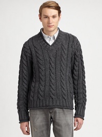 Shaped in a super-soft blend of rayon, wool and cashmere, this chunky knit is an ideal layering choice for those chilly days to come.V-neck40% rayon/25% virgin wool/25% nylon/5% angora wool/5% cashmereDry cleanMade in Italy Shaped in a super-soft blend of rayon, wool and cashmere, this chunky knit is an ideal layering choice for those chilly days to come.V-neck40% rayon/25% virgin wool/25% nylon/5% angora wool/5% cashmereDry cleanMade in Italy