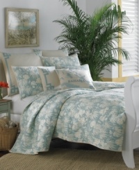 Escape to a tropical paradise. This Tommy Bahama decorative pillow features an allover tropical floral print in an aqua hue for a cool and soothing appeal. Embellished with vertical stitching details and an ivory border for added texture. Envelope closure.