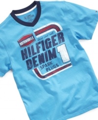 Changing style can be as easy as changing the oil when he throws on this vintage-style v-neck t-shirt from Tommy Hilfiger. Changing style can be as easy as changing the oil when he throws on this vintage-style v-neck t-shirt from Tommy Hilfiger.