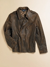 The Sierra leather jacket combines luxurious and rugged details for iconic heritage style.Pointed collarLong sleeves with single-button cuffsAsymmetrical front zipVentilating underarm grommetsAngled zip pocketsSlanted hand pocketsAdjustable side bucklesInterior chest pocketFully linedLeatherHand washImported The Sierra leather jacket combines luxurious and rugged details for iconic heritage style.Pointed collarLong sleeves with single-button cuffsAsymmetrical front zipVentilating underarm grommetsAngled zip pocketsSlanted hand pocketsAdjustable side bucklesInterior chest pocketFully linedLeatherHand washImported