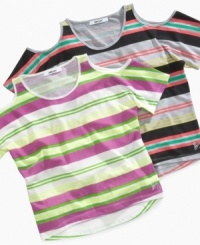 Bold stripes and a cold shoulder cut give this DKNY top a fun and trendy style. Bold stripes and a cold shoulder cut give this DKNY top a fun and trendy style.