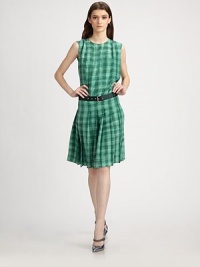 Gingham silk and sweet pleats are offset by a distinctly utilitarian belt.Jewel necklineSleevelessPintucked bodiceIncluded beltPleated skirtConcealed back zipSilk liningAbout 19 from natural waistSilkDry cleanMade in Italy of imported fabricModel shown is 5'9 (175cm) wearing US size 4. Gingham silk and sweet pleats are offset by a distinctly utilitarian belt.Jewel necklineSleevelessPintucked bodiceIncluded beltPleated skirtConcealed back zipSilk liningAbout 19 from natural waistSilkDry cleanMade in Italy of imported fabricModel shown is 5'9 (175cm) wearing US size 4.