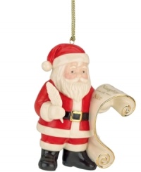 Secure a spot on Santa's Nice list with this whimsical ornament celebrating Father Christmas himself. Polished gold accents add a festive touch to the classically styled Lenox collectible. Secure a spot on Santa's Nice list with this whimsical ornament celebrating Father Christmas himself. Polished gold accents add a festive touch to the classically styled Lenox collectible.