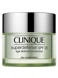 Superdefense SPF 25 Age Defense Moisturizer in Very Dry to Dry. Skin's most complete defense against the visible signs of aging in a daily moisturizer. Arms it to fight the visible effects of emotional stress. Helps neutralizes UVA and UVB. 1.7 oz. 