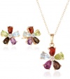 Yellow Gold Plated Sterling Silver Multi-Gemstone Flower Earrings and Pendant Necklace Set, 18