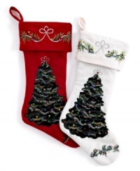 O Christmas stocking! An embroidered tree trimmed in colorful sequins and similar embellishment on the cuff and toe make this velvety soft stocking a holiday favorite. O Christmas stocking! An embroidered tree trimmed in colorful sequins and similar embellishment on the cuff and toe make this velvety soft stocking a holiday favorite.