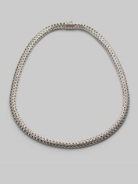 A gracious ribbon of woven sterling silver in a substantial oval shape is both classic and modern. Sterling silver Length, about 18 Hidden barrel push-lock clasp Made in Bali Please note: Chain sold separately. 