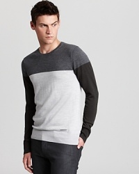 This handsome sweater modifies the color-block trend with a subdued palette for a modern classic. This handsome sweater modifies the color-block trend with a subdued palette for a modern classic.