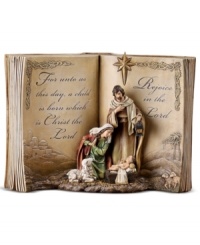 As the Bible paints a landscape behind him, Baby Jesus enters the world under the gaze of his adoring parents and surrounded by the rustic simplicity of nature. The shining star hangs overhead and emphasizes the beauty of his humble birth. As the Bible paints a landscape behind him, Baby Jesus enters the world under the gaze of his adoring parents and surrounded by the rustic simplicity of nature. The shining star hangs overhead and emphasizes the beauty of his humble birth.