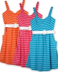 Bars and stripes. This colorful striped dress from BCX with a hip belted waist is perfect for sunny fun. Bars and stripes. This colorful striped dress from BCX with a hip belted waist is perfect for sunny fun.