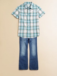 A nod to classic style, this lightweight plaid cotton knit is serious in the front and a party in the back with spray paint and lettering on jersey material.Shirt collarShort sleevesFront snapsShirttail hemCottonMachine washImported Please note: Number of snaps may vary depending on size ordered. A nod to classic style, this lightweight plaid cotton knit is serious in the front and a party in the back with spray paint and lettering on jersey material.Shirt collarShort sleevesFront snapsShirttail hemCottonMachine washImported Please note: Number of snaps may vary depending on size ordered.