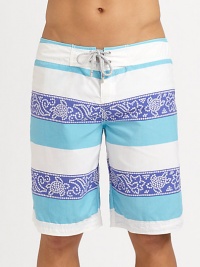 Colorful mosaic print adorns these quick-drying trunks, made for endless summer fun.Drawstring tie waistMesh liningInseam, about 8½PolyamideMachine washImported Colorful mosaic print adorns these quick-drying trunks, made for endless summer fun.Drawstring tie waistMesh liningInseam, about 8½PolyamideMachine washImported