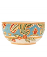 A fresh twist on a familiar pattern, the Carissa Paisley fruit bowl by Fitz and Floyd mixes colorful paisleys with sculpted rope in durable stoneware. A fresh twist on a familiar pattern, the Carissa Paisley fruit bowl by Fitz and Floyd mixes colorful paisleys with sculpted rope in durable stoneware.