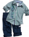 GUESS Kids Boys Convertible Shirt & Pant Set (12 - 2, PLAID (12M)