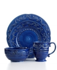 Raised florals in the style of Fitz and Floyd's Ricamo dinnerware come across even bolder in royal-blue place settings. Pair with multicolored pieces to put your own spin on casual country dining. Raised florals in the style of Fitz and Floyd's Ricamo dinnerware come across even bolder in royal-blue place settings. Pair with multicolored pieces to put your own spin on casual country dining.