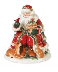 Dressed in his holiday best, woodland Santa sits surrounded by his forest friends. This collectible Santa cookie jar from Fitz and Floyd's collection of serveware makes a whimsical addition to your holiday collection. Dressed in his holiday best, woodland Santa sits surrounded by his forest friends. This collectible Santa cookie jar from Fitz and Floyd's collection of serveware makes a whimsical addition to your holiday collection.
