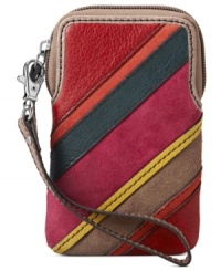 Mod stripes lend a vintage vibe to this grab-and-go design from Fossil, featuring pretty patchwork of rich leather and smooth suede. The secure zip-top closure keeps coins, cash and mini must-haves safe and easily at hand.