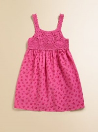 A dainty crochet design and pretty floral print come together on this vivid frock to create a knockout ensemble.ScoopneckSpaghetti strapsBack buttonsCrochet bodiceEmpire waistbandCottonMachine washImported Please note: Number of buttons and snaps may vary depending on size ordered. A dainty crochet design and pretty floral print come together on this vivid frock to create a knockout ensemble.ScoopneckSpaghetti strapsBack buttonsCrochet bodiceEmpire waistbandCottonMachine washImported Please note: Number of buttons and snaps may vary depending on size ordered.