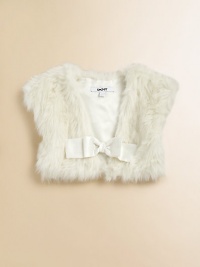 Add instant glamorous appeal to any style with this playful faux fur shrug complete with a satin bow accent.Faux fur designV-neckCap sleevesBow accentFront snap closurePolyester/Acrylic/ModacrylicMachine washImportedThis style runs true to size. We recommend ordering your usual size for a standard fit. Add instant glamorous appeal to any style with this playful faux fur shrug complete with a satin bow accent.Faux fur designV-neckCap sleevesBow accentFront snap closurePolyester/Acrylic/ModacrylicMachine washImportedThis style runs true to size. We recommend ordering your usual size for a standard fit.