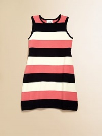 Little ones get mod in this wide-striped shift dress in a girl-perfect palette.Scoop neckSleevelessWide allover stripesPull-on style72% viscose/28% polyesterDry cleanImported Little ones get mod in this wide-striped shift dress in a girl-perfect palette.Scoop neckSleevelessWide allover stripesPull-on style72% viscose/28% polyesterDry cleanImported