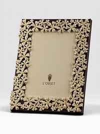 Yellow Swarovski crystals shimmer on the floral garland that surrounds this rich leather design.Classic beveled glassStretched leather backingGift boxedImported Yellow Swarovski crystals shimmer on the floral garland that surrounds this rich leather design.Classic beveled glassStretched leather backingGift boxedImported