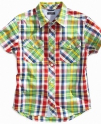 He can roll up with his friends in style with this breezy short-sleeve button-front shirt from Tommy Hilfiger, in a colorful, hip plaid. He can roll up with his friends in style with this breezy short-sleeve button-front shirt from Tommy Hilfiger, in a colorful, hip plaid.