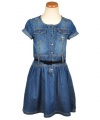 GUESS Kids Girls Pindot Denim Dress with Red Belt, DARK STONEWASH (14)