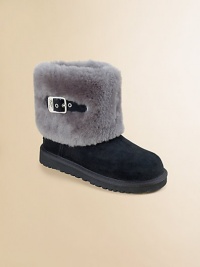 Comfy gets a dose of chic in these textural two-tone boots in suede and sheepskin with a gorgeous contrast buckle.Pull-on styleAdjustable buckleCow suede and sheepskin upperSheepskin liningPadded insoleEVA soleImported Comfy gets a dose of chic in these textural two-tone boots in suede and sheepskin with a gorgeous contrast buckle.Pull-on styleAdjustable buckleCow suede and sheepskin upperSheepskin liningPadded insoleEVA soleImported