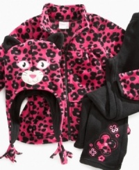 Unleash your wild child on the outdoors in Nannette's jacket, pants, and hat made from hot pink, leopard-print fleece. Unleash your wild child on the outdoors in Nannette's jacket, pants, and hat made from hot pink, leopard-print fleece.