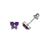 .925 Sterling Silver Rhodium Plated 5.2mm(H)x5.9mm(W) CZ Butterfly February Amethyst Birthstone Basket Stud Earrings for Baby and Children & Women with Screw-Back (Amethyst, Purple)