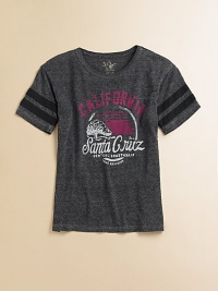 She'll be California dreamin' in this cozy cotton tee with striped sleeves and west coast-inspired print.CrewneckShort sleevesPullover styleCottonMachine washMade in USA She'll be California dreamin' in this cozy cotton tee with striped sleeves and west coast-inspired print.CrewneckShort sleevesPullover styleCottonMachine washMade in USA