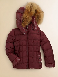 She'll stand out from the crowd in this bright nylon puffer with a plush fur accent.Snap-off hoodThroat tabs with snapsStand collarZip frontQuilted alloverLong sleevesLogo patch on one armDual front snap pocketsFully linedShell: polyamideFill: goose downTrim: dyed Asiatic raccoon furDry cleanImportedFur origin: Finland She'll stand out from the crowd in this bright nylon puffer with a plush fur accent.Snap-off hoodThroat tabs with snapsStand collarZip frontQuilted alloverLong sleevesLogo patch on one armDual front snap pocketsFully linedShell: polyamideFill: goose downTrim: dyed Asiatic raccoon furDry cleanImportedFur origin: Finland
