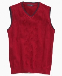 Neat and smart is this classic solid bold sweater vest by Nautica with contrast trim. Neat and smart is this classic solid bold sweater vest by Nautica with contrast trim.