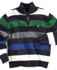 Dress him up in the sweet style of the colorful bars on this sweater from Nautica. Dress him up in the sweet style of the colorful bars on this sweater from Nautica.