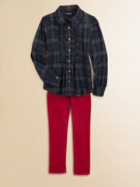 Classic tartan plaid adds heritage flair to a romantic ruffled blouse.Club collarLong sleeves with single-button cuffsButton-frontGathered back yokeShirttail hemCottonMachine washImported Please note: Number of buttons may vary depending on size ordered. Classic tartan plaid adds heritage flair to a romantic ruffled blouse.Club collarLong sleeves with single-button cuffsButton-frontGathered back yokeShirttail hemCottonMachine washImported Please note: Number of buttons may vary depending on size ordered.