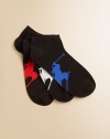 An oversized version of the polo player logo is colorfully knit into the soles of three pairs of sturdy, cotton-y ankle socks.Ribbed cuff71% cotton/27% polyester/2% spandexMachine washImported