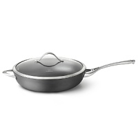 You'll love the curved sides and its low profile of this deep Calphalon skillet. This pan also has a wider mouth for more efficient evaporation than a standard sauce pan. Great for one pan meals and more. You'll love the curved sides and its low profile of this deep Calphalon skillet. This pan also has a wider mouth for more efficient evaporation than a standard sauce pan. Great for one pan meals and more.