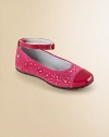 Shimmering Swarovski crystals are sprinkled like tiny stars atop velvety suede flats so your young lady can pirouette as she pleases.Removable buckle ankle strapSuede upper with patent leather strap and toeRubber solePadded leather insoleLeather liningImported