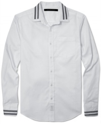 One of the season's highest ranking styles: Sean John's sports shirt with a double stripe insignia on collar and cuffs. One of the season's highest ranking styles: Sean John's sports shirt with a double stripe insignia on collar and cuffs.